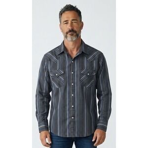 Plains Western Wear Mens Pearl Snap Shirt Large Blue Striped L/S Western Cowboy
